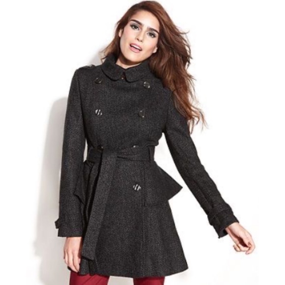Steve Madden Double-Breasted Belted Tweed Peplum Trench Coat Size M - Picture 1 of 10